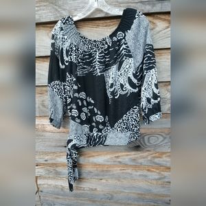 NEW DIRECTIONS Women's 3/4 Sleeve Black & White Floral & Channel Print Top Small